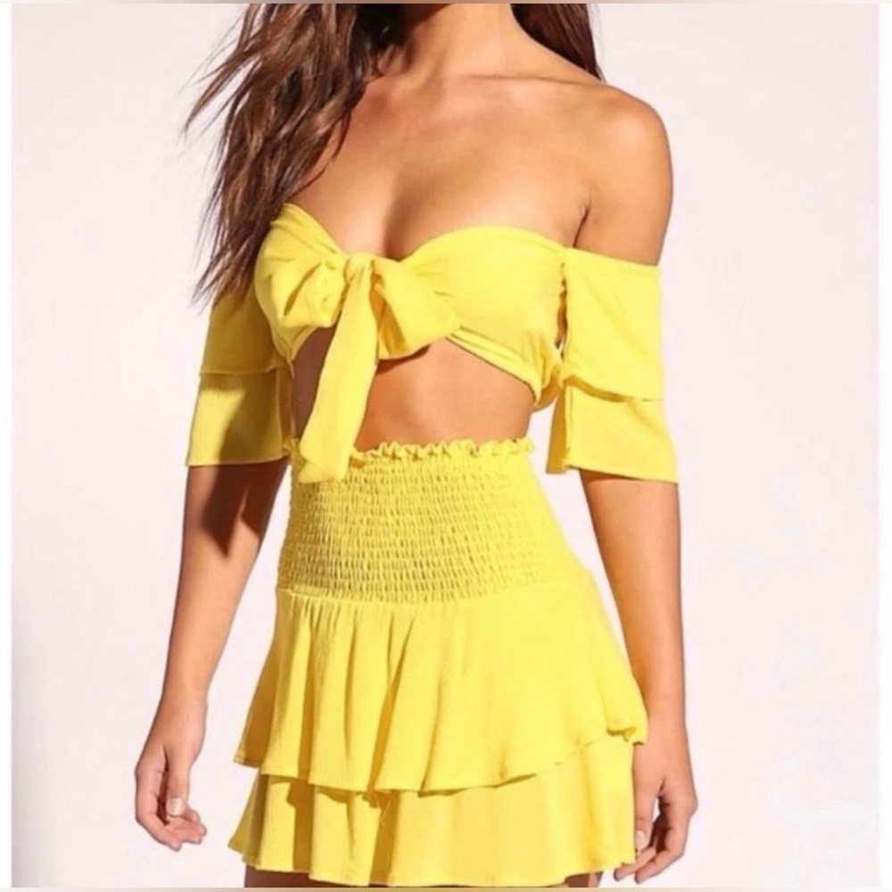 Yellow Tie Front Off Shoulder Crop Top and Mini Ruffle Skirt Set